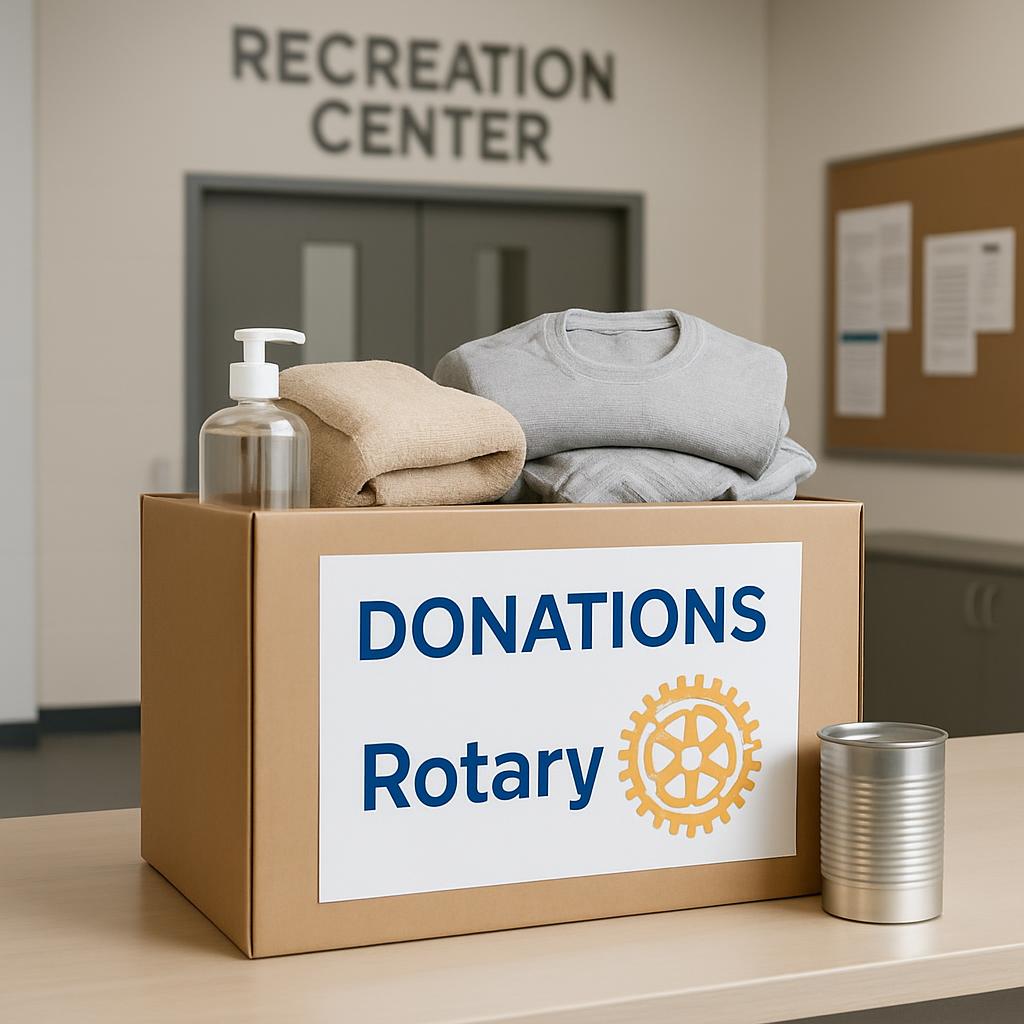 Donation Box. [Caption: A large cardboard donation box marked 'Donations Rotary' sits in front of a recreation center, wit...